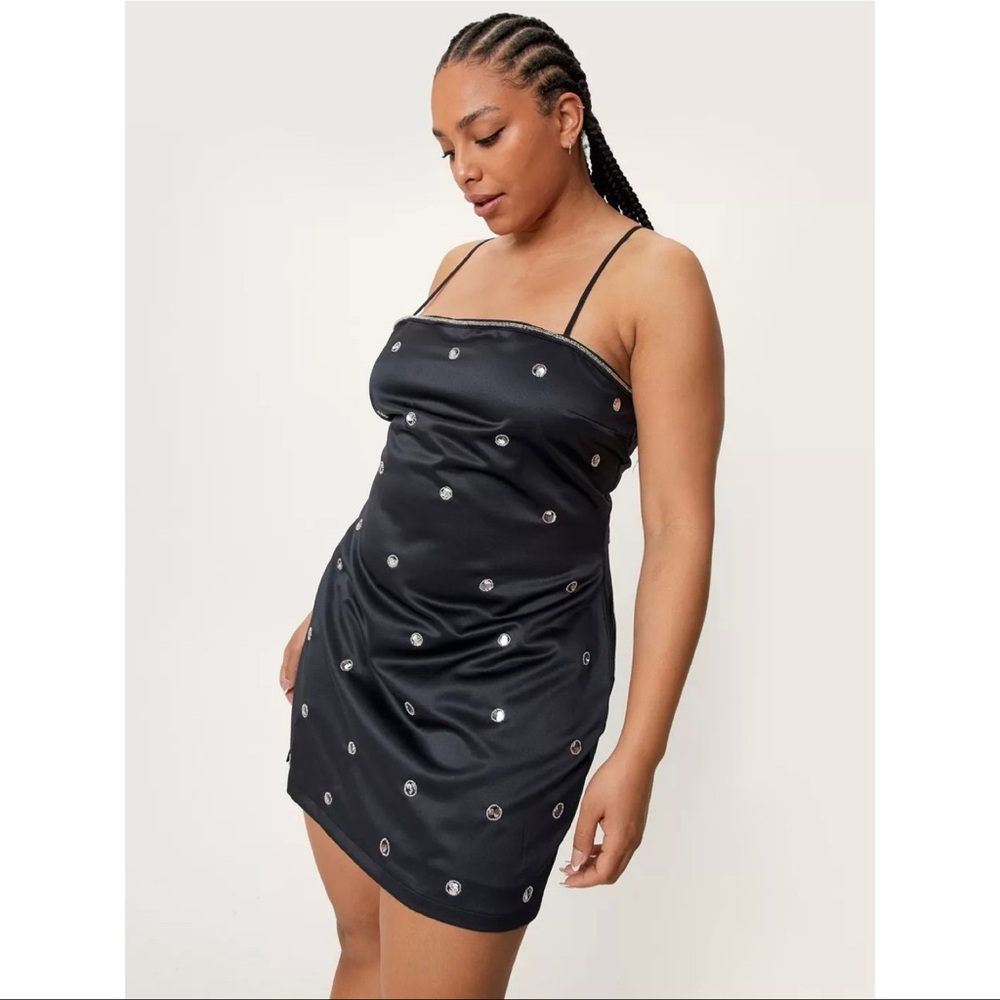 Nasty Gal Black Satin Mini Dress with Embellishments